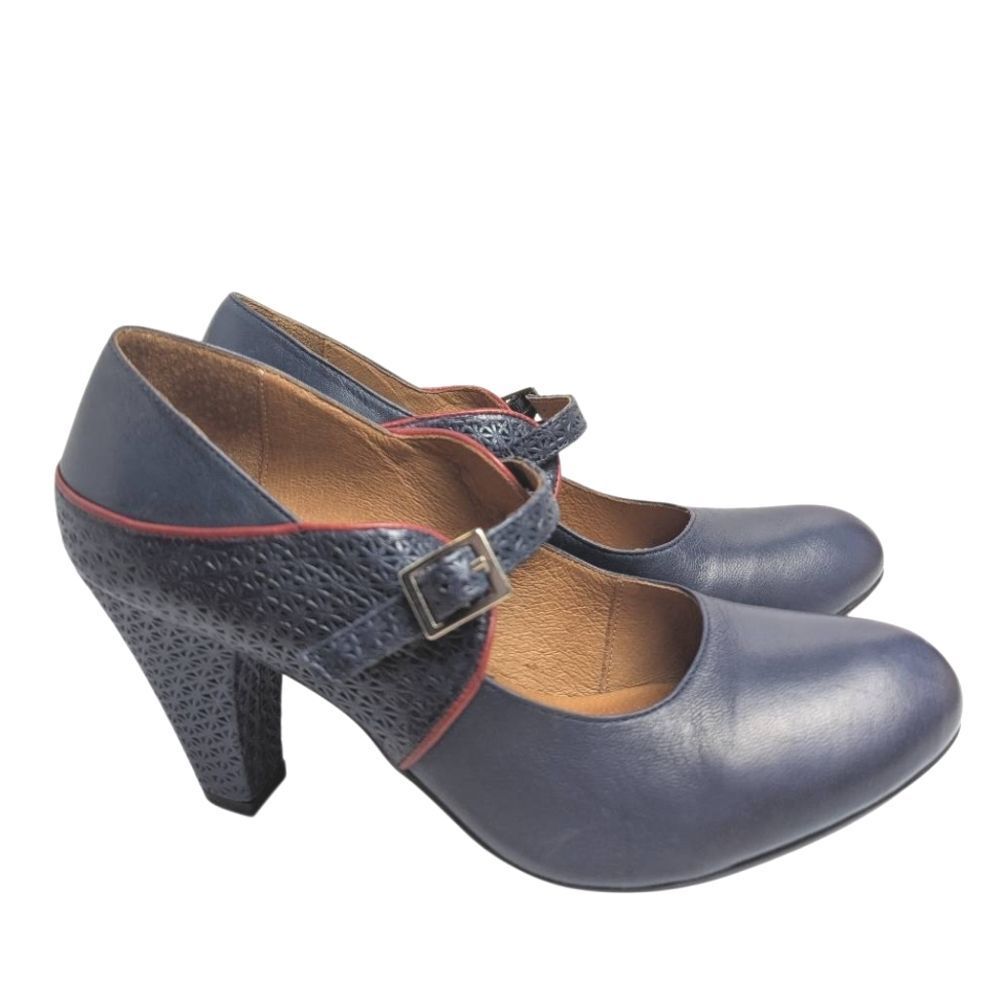 Miz Mooz Navy Blue Mary Jane Heels with Red Trim